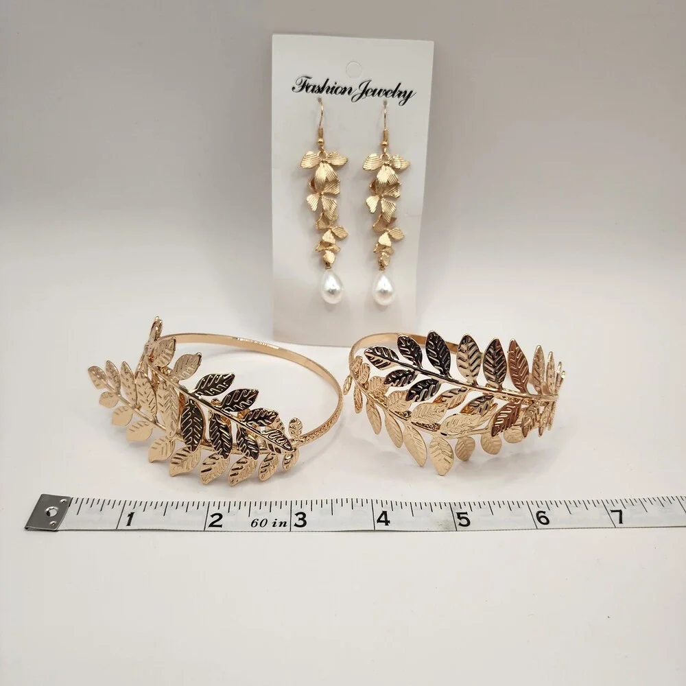 Coucoland Gold Greek Goddess Leaf Upper Arm Band Cuff Faux Pearl Earrings Set